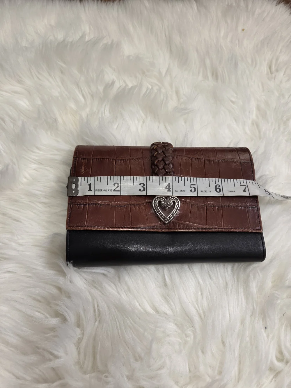 VTG Brighton Leather Black Brown Trifold Wallet Braided Leather Details Hearts